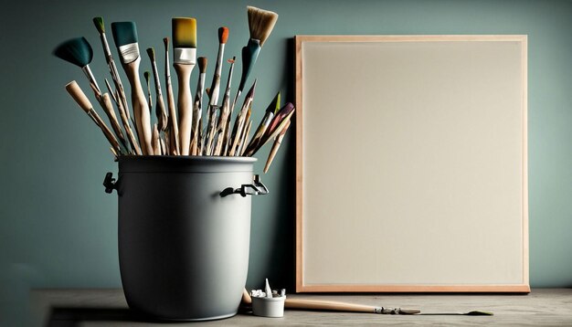 A bucket of paint and brushes on a table with a blank sign that says'art studio '