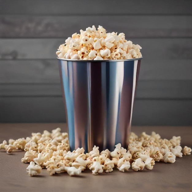 a bucket of popcorn is on a table with a silver bucket