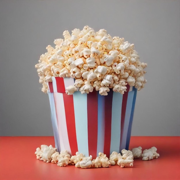 a bucket of popcorn sits on a red table