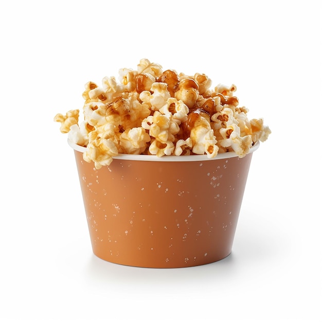 A bucket of popcorn on a white background