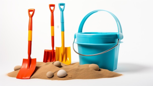 A bucket shovels and shovel arranged in a sandy landscape ready for digging and building