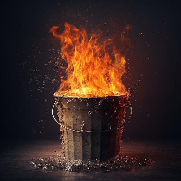 A bucket of water is on a black background with the word fire on it.