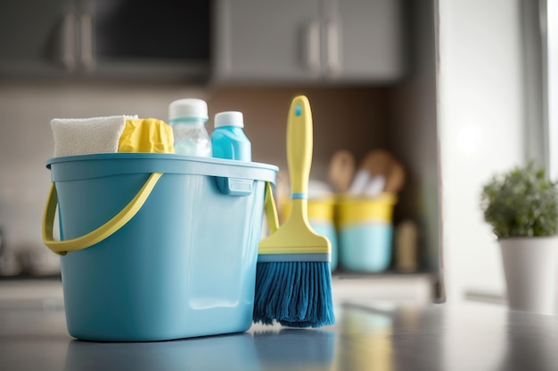 Bucket with cleaning items on wooden table and blurry modern kitchen background AI Generation