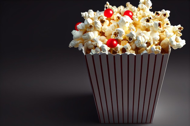 Bucket with tasty popcorn on red background with space for text Striped box with popcorn Popcorn spinning in circles around