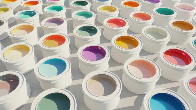 The buckets of CMMYK paint are surrounded by buckets of white paint