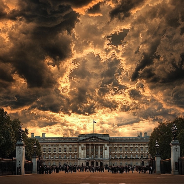 Buckingham Palace with a dramatic sky