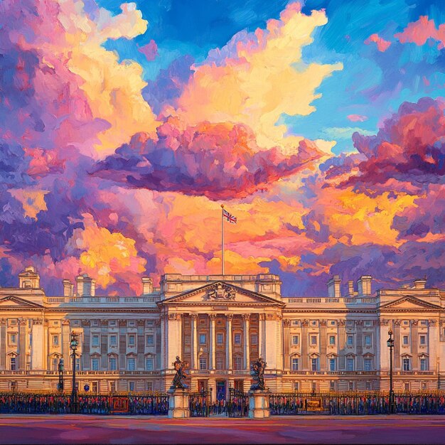 Buckingham Palace with a vibrant sky and clouds