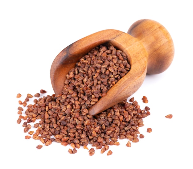 Buckwheat tea in wooden scoop isolated on white background Whole roasted buckwheat grains Fagopyrum tataricum