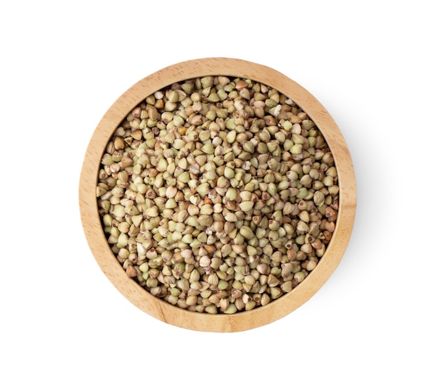 Buckwheat in wood bowl on the white background