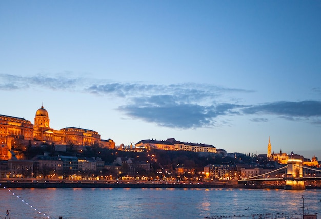 Budapest Castle at sunset from danube river Hungarian landmarks