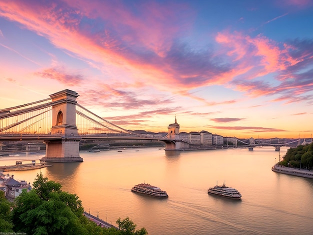 Budapest Hungary Panoramic shot of the Beautiful colorful sunset