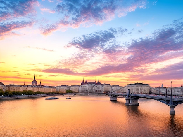 Budapest Hungary Panoramic shot of the Beautiful colorful sunset