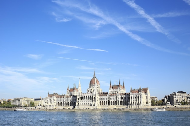 Budapest parliament landscape, tourist view of the capital of hungary in europe, architecture landscape