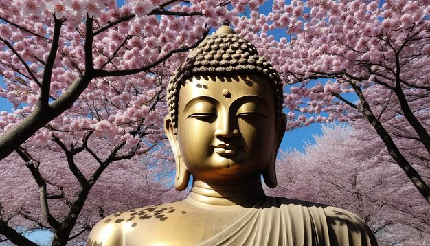 Buddha Under Blossoming Cherry Branches A Serene Scene