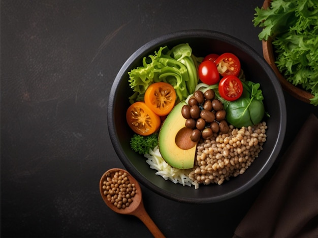 Buddha bowl Avocado mung bean pumpkin mushrooms tomatoes and lettuce in a black bowl Vegan Diet Top