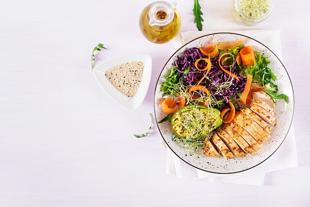 Buddha bowl dish with chicken fillet, avocado, red cabbage, carrot, fresh lettuce salad and sesame. 