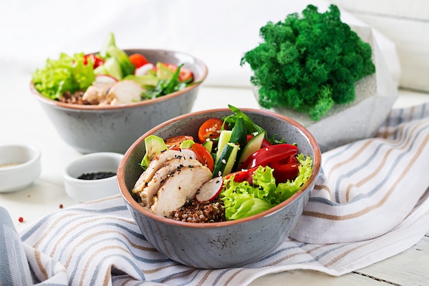 Buddha bowl dish with chicken fillet