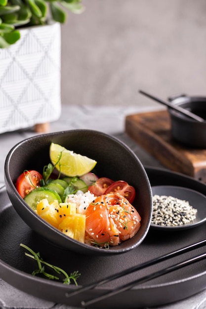 Buddha bowl, poke with salmon for dinner