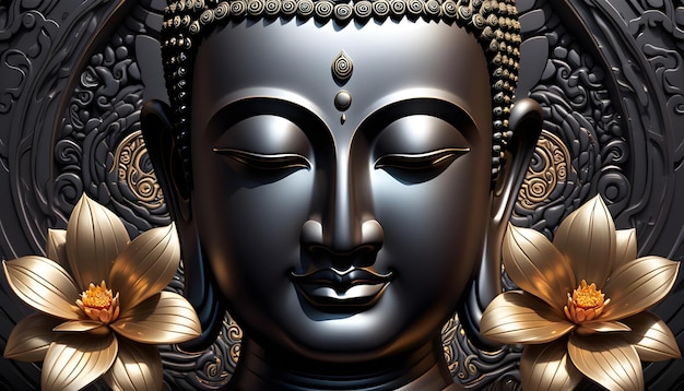 Buddha close up face beautiful metallic and matte black stone