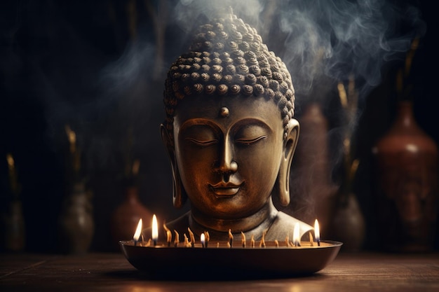 A buddha head is lit up with a candle in the foreground.