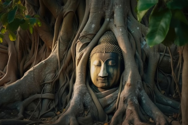 Buddha head in a tree with roots