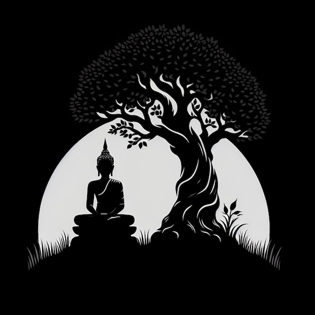 Photo buddha meditating under the bodhi tree capturing serene tranquility in the posture silhouette image