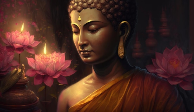 Buddha in meditation for Buddhist festival of Happy Buddha Purnima Vesak