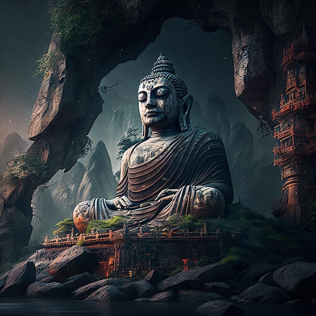 Buddha meditation statue mountain background image Ai generated art