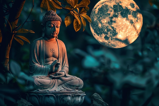 Buddha at peace under full moon illustration background