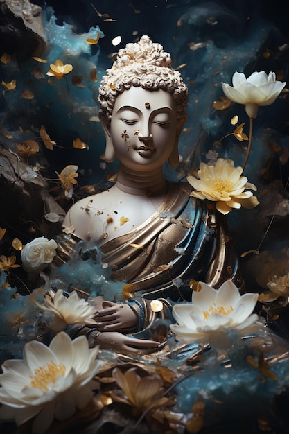 Photo buddha purnima buddha statue meditation floral background