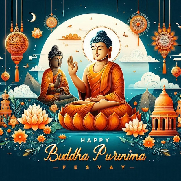 Buddha Purnima Festival social media post design Buddha in space talking hand