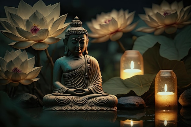 Buddha Purnima Vesak Day Statue of Buddha with Lotus Flowers and Candles Background