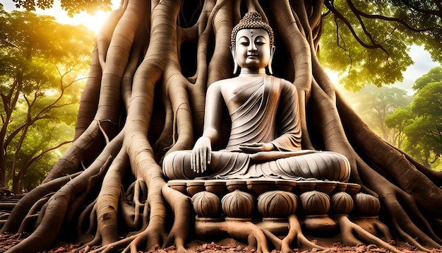 Buddha sculpture amidst tree roots at wat mahathat