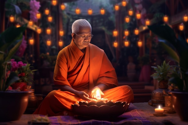 A buddha sits in garden with a lotus and candles Background for vesak festival celebration Vesak day