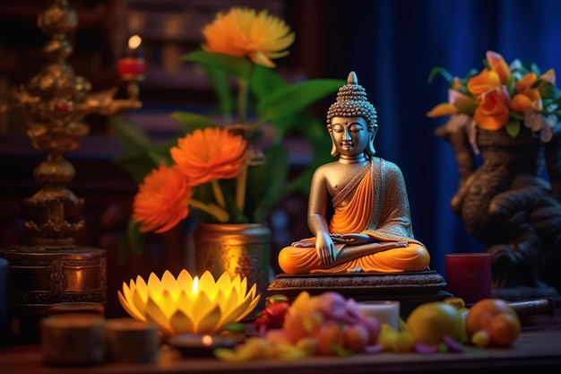 A buddha sits in garden with a lotus and candles Background for vesak festival celebration Vesak day