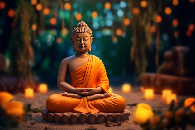 A buddha sits in garden with a lotus and candles Background for vesak festival celebration Vesak day