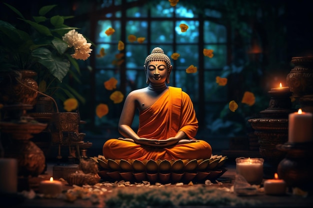 A buddha sits in garden with a lotus and candles Background for vesak festival celebration Vesak day