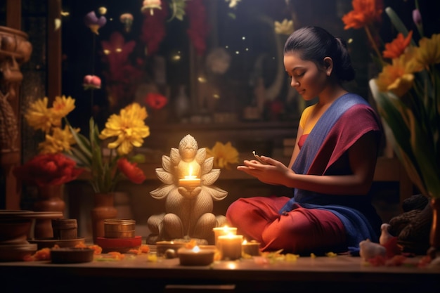 A buddha sits in garden with a lotus and candles Background for vesak festival celebration Vesak day