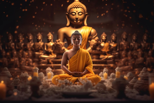 A buddha sits in garden with a lotus and candles Background for vesak festival celebration Vesak day