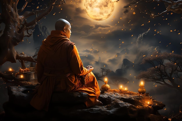 A buddha sits in the mountain with a lotus and candles Background for vesak celebration Vesak day