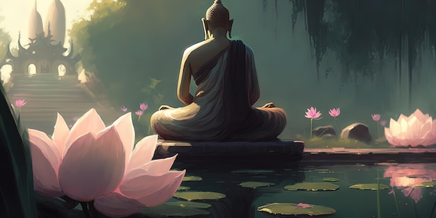 Buddha sitting on the lotus platform fulllength picture AIGenerated