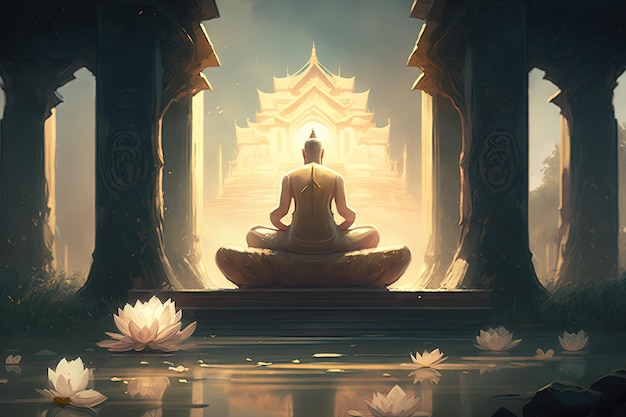 Buddha sitting on the lotus platform fulllength picture AIGenerated