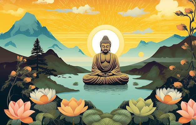 Buddha sitting in lotus position in the mountains illustration