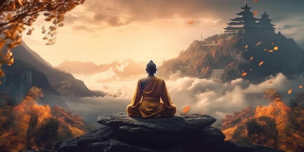 Buddha sitting on a rock in front of a mountain with a castle in the background generative ai