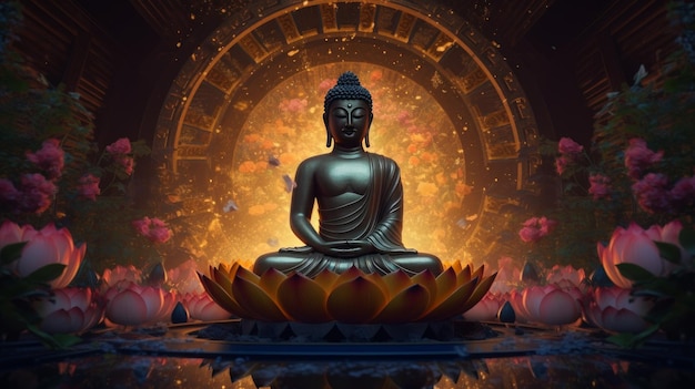 Buddha stands on a golden lotus generative AI