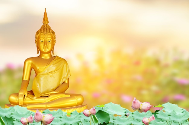 Buddha statue background blurred flowers and sky with the light of the sun