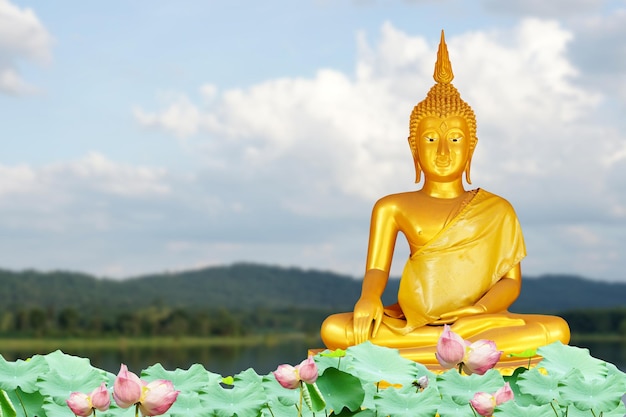 Buddha statue background blurred flowers and sky with the light of the sun