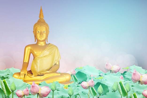 Buddha statue background blurred flowers and sky with the light of the sun