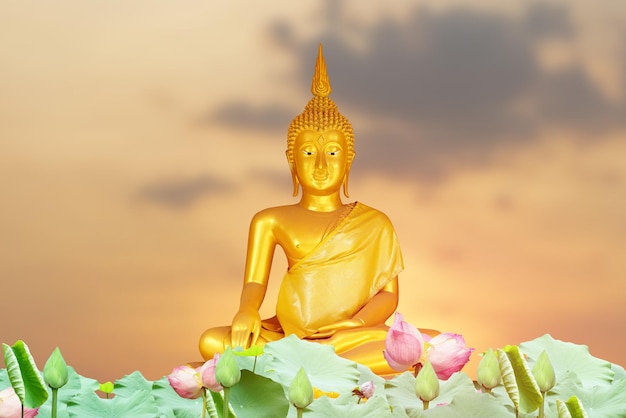 Buddha statue background blurred flowers and sky with the light of the sun