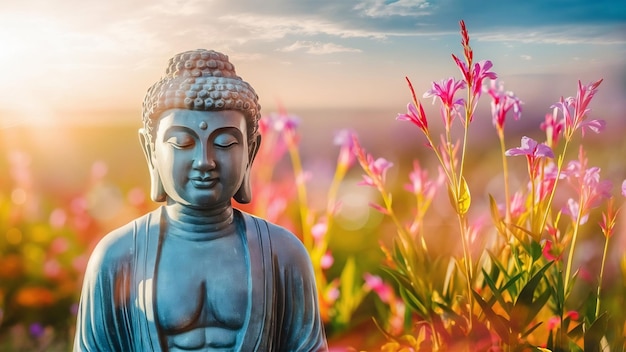 Buddha statue background blurred flowers and sky with the light of the sun